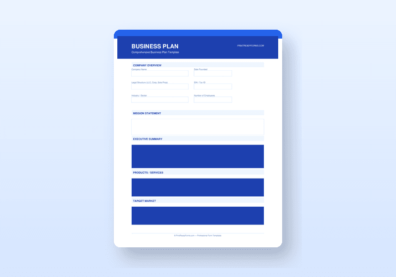 Business Plan Template PDF — with Financial Projections & SWOT Analysis — printable template preview