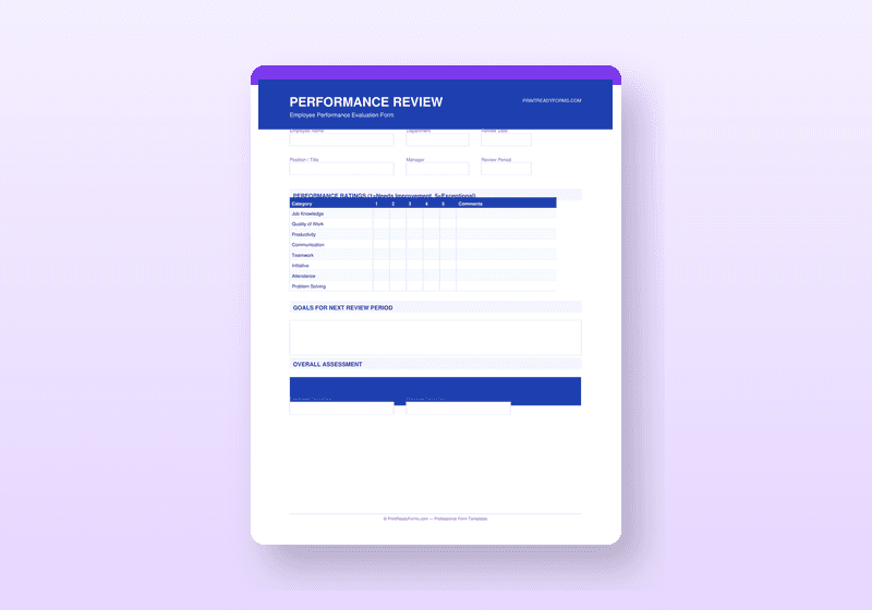 Employee Performance Review Template — Annual & Quarterly PDF — printable template preview